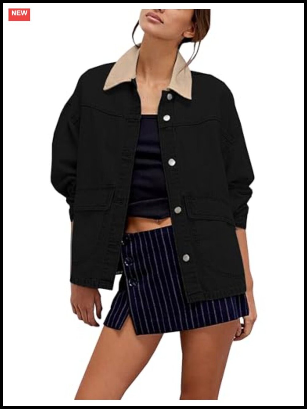 Womens Oversized Cotton Denim Jacket Contrast Trim Button Down